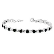 Black Onyx Round Circle Links Silver Bracelet, cb302