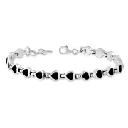 Black Onyx Love Heart Links Silver Bracelet, cb304