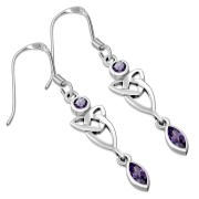 Amethyst CZ Long Celtic Trinity Knot Silver Earrings - e213