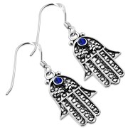filigree work Hamsa Earring w Blue CZ, e270