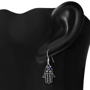 filigree work Hamsa Earring w Blue CZ, e270