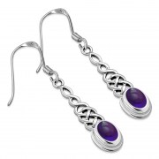 Amethyst Long Celtic Knot Silver Earrings - e311