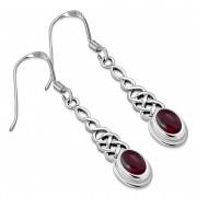 Garnet Long Celtic Knot Silver Earrings - e311