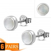 6pairs 6mm Mother of Pearl Sterling Silver Stud Earrings - e364