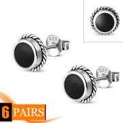 Black Onyx Round Stud Silver Earrings - e369