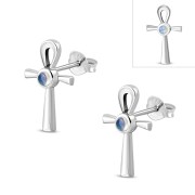 Rainbow Moonstone Silver Ancient Egyptian ankh Cross Stud Earrings