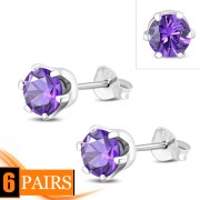 5mm Round Prong-Set Amethyst  CZ Sterling Silver Stud Earrings - e444