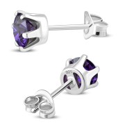 5mm Round Prong-Set Amethyst  CZ Sterling Silver Stud Earrings - e444