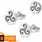 6pairs, Round Triskele Triple Spiral Stud Silver Earrings, ep290