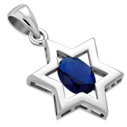 Blue Sapphire CZ Star David Silver Pendant, p357
