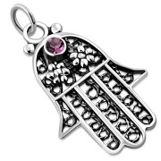 filigree Hamsa Silver Pendant,, set w Pink Swarovski, p384