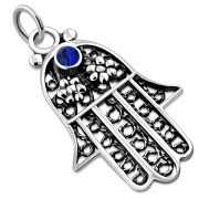 Silver filigree Chamsa Pendant, w Blue Sapphire Swarovski, p384