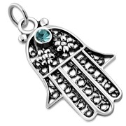 Silver filigree Hamsa Pendant, w Blue Topaz Swarovski, p384
