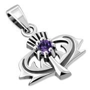 Tiny Silver Thistle Pendant set w Amethyst CZ, p455