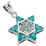 Blue Topaz CZ Jerusalem Cross Star David Silver Pendant
