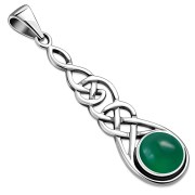 Long Celtic Silver Pendant set w/ Green Agate, p459