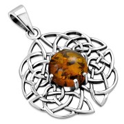 Round Celtic Knot Silver Pendant set w Amber, p460