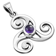 Celtic Triskele Triple Spiral Silver Pendant w Amethyst Genuine Stone, p481