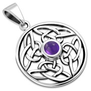 Round Amethyst Genuine Stone Celtic Knot Silver Pendant, p482