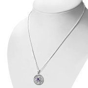 Round Amethyst Genuine Stone Celtic Knot Silver Pendant, p482