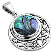 Round Celtic Knot Abalone Shell Silver Pendant, p483