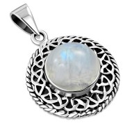 Round Rainbow Moonstone Celtic Knot Silver Pendant (P485RMS)