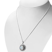 Round Rainbow Moonstone Celtic Knot Silver Pendant (P485RMS)