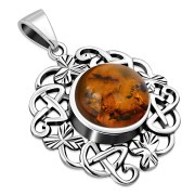 Amber Celtic Knot Shamrock leaves Silver Pendant, p486