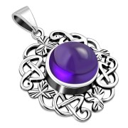 Amethyst Genuine Stone Celtic Knot Shamrock leaves Silver Pendant, p486