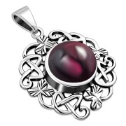 Garnet Celtic Knot Shamrock leaves Silver Pendant, p486
