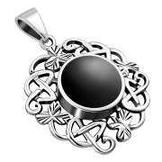 Black Onyx Celtic Knot Shamrock leaves Silver Pendant, p486