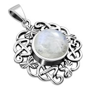 Rainbow Moonstone Celtic Shamrock leaves Silver Pendant, p486