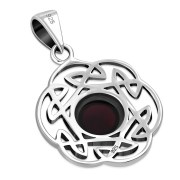 Garnet Round Celtic Knot Silver Pendan