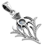 Small Silver Scottish Thistle Pendant w/ Rainbow Moonstone, p491