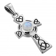 Rainbow Moonstone Celtic Cross Silver Pendant, p492