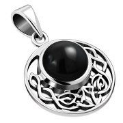 Black Onyx cab Round Celtic Knot Silver Pendant, p498
