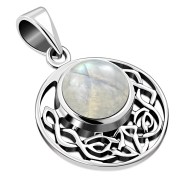 Rainbow Moonstone cab Round Celtic Knot Silver Pendant, p498