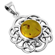 Round Celtic Knot Silver Pendant set w/ Baltic Amber, p529