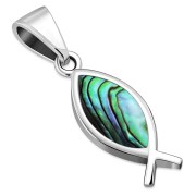 Abalone Silver Jesus Fish Pendant, p531