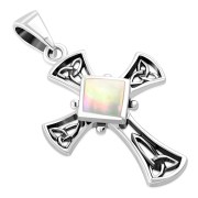 Mother Of Pearl Celtic Irish Trinity Knot Cross Silver Pendant, p564