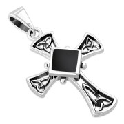 Black Onyx Celtic Irish Trinity Knot Cross Silver Pendant, p564