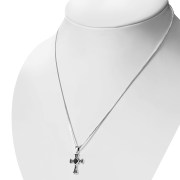 Black Onyx Celtic Irish Trinity Knot Cross Silver Pendant, p564