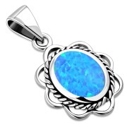 Synthetic Azure Opal Sterling Silver Ethnic Oval Pendant, p626