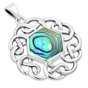 Abalone Shell Hexagon Celtic Knot Silver Pendant, p635