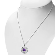 Amethyst Stone Round Celtic Knot Silver Pendant - p640