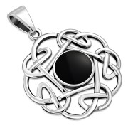 Black Onyx Round Celtic Knot Silver Pendant - p640