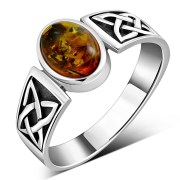 Celtic Amber Stone Silver Band Ring, r111