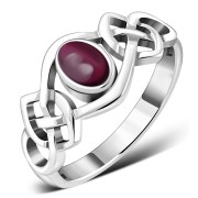 Garnet Cab Celtic Knot Silver Ring, r264