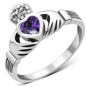 Celtic Claddagh Ring w Amethyst CZ, r446