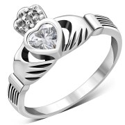 Silver Celtic Claddagh Ring w Clear CZ, r446